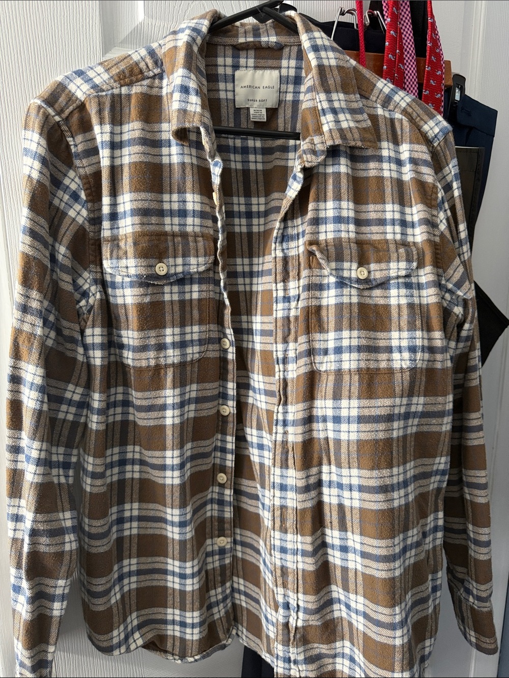American Eagle Outfitters Brown, White & Blue Plaid Button-Down Shirt